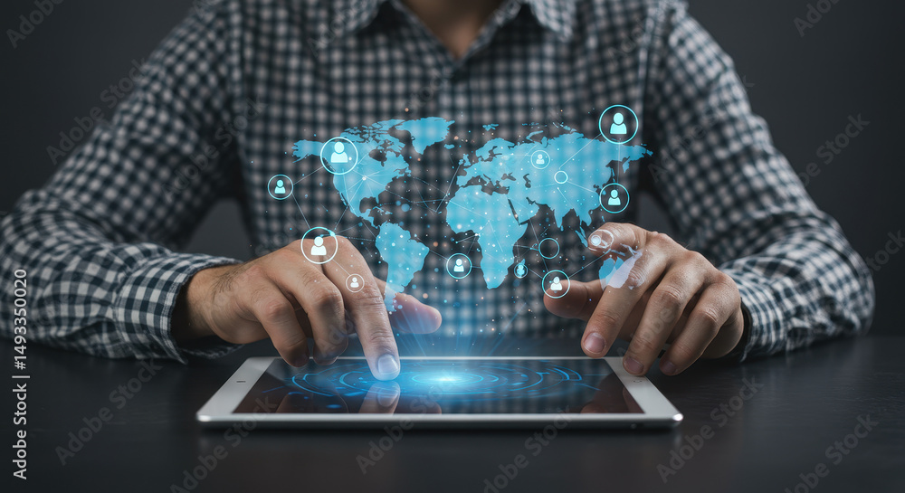 Poster global connection: man using tablet for worldwide network communication & data sharing - technology,