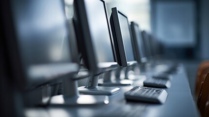 Row of desktop computers in modern office setting