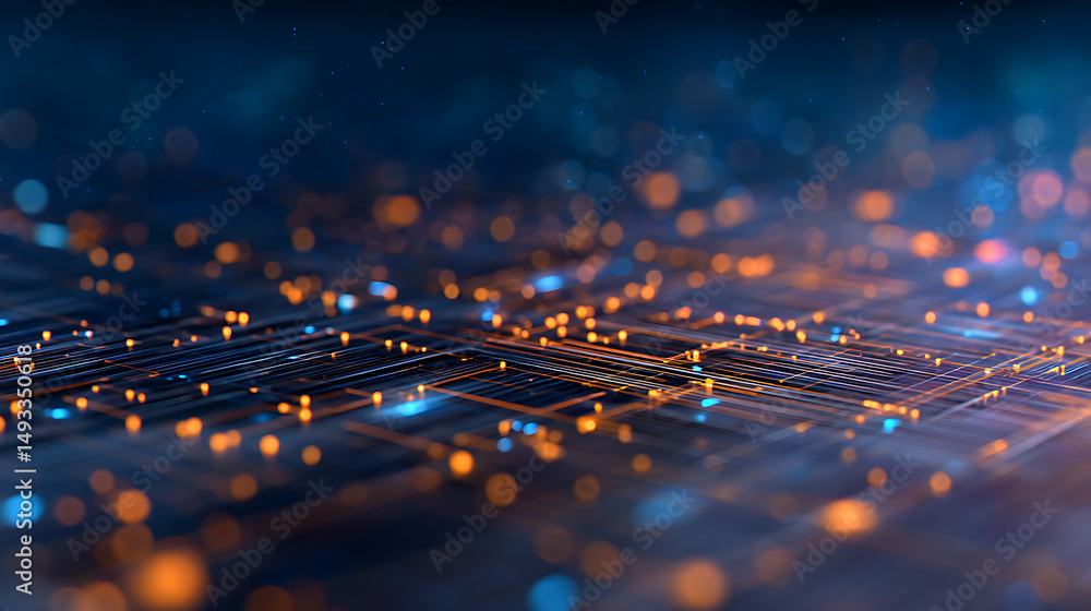 Poster an abstract digital network design with blue and dark hues, representing technology on a screen with