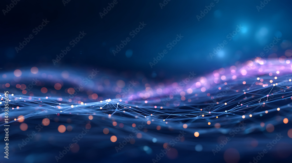 Poster an abstract digital network design with blue and dark hues, representing technology on a screen with