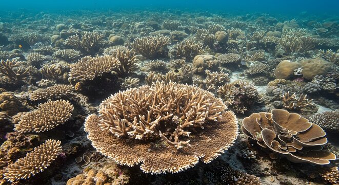 A vibrant underwater scene showcasing a diverse coral reef ecosystem in clear water