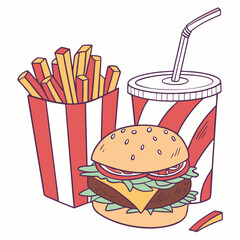 Delicious burger fries soda combo fast food meal cartoon illustration