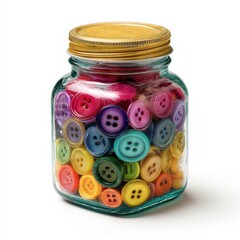 Colorful buttons in a glass jar. A vibrant collection of sewing supplies.
