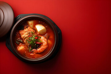 Spicy seafood stew in a rustic pot.