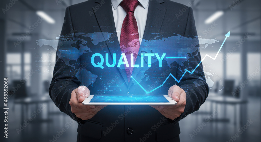 Poster quality growth: business success with data analytics on tablet - boost performance and achieve excel