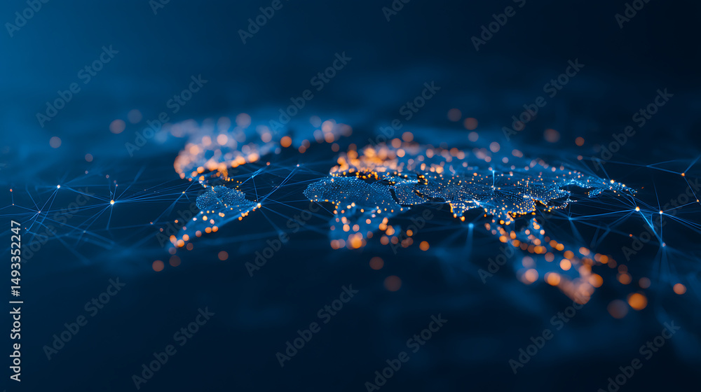 Aufkleber abstract digital world map with blue glowing grid network lines on dark background. connectivity con
