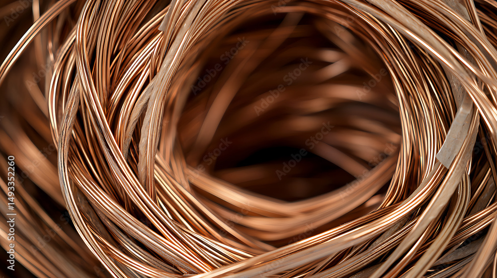Poster tangled copper wires create a textured, abstract visual. the warm color and interlaced pattern offer