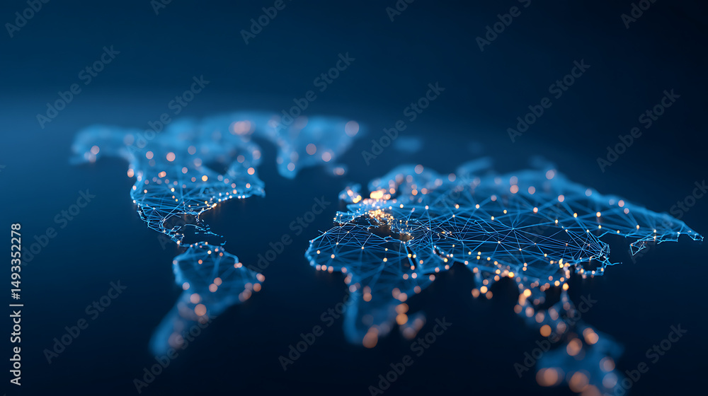 Poster abstract digital world map with blue glowing grid network lines on dark background. connectivity con