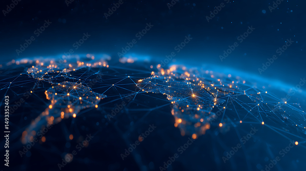 Poster abstract digital world map with blue glowing grid network lines on dark background. connectivity con