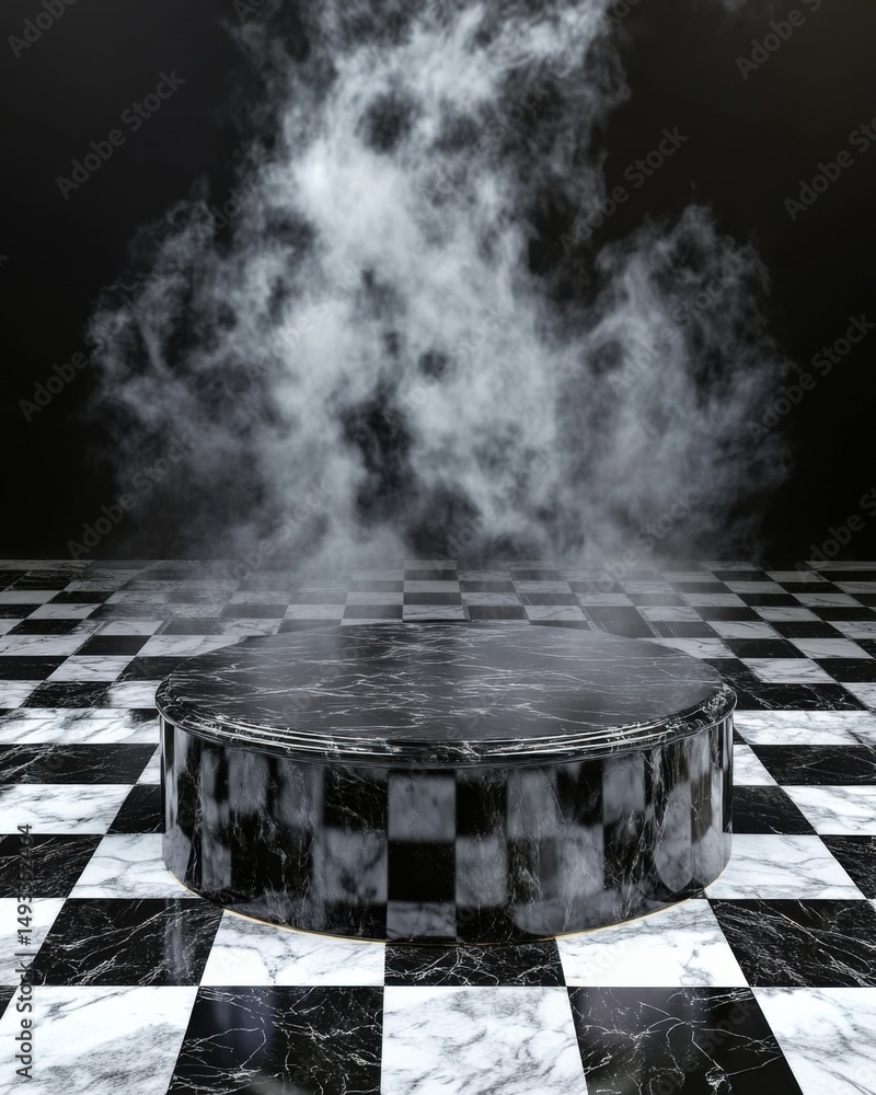 Poster marble platform display for product presentation with smoke effect on checkered floor in studio sett