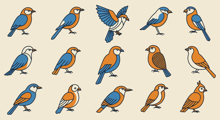 Stylized Collection of Colorful Birds in Various Poses and Designs