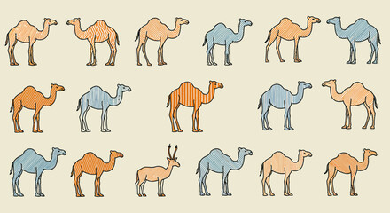 Stylized Camel Illustrations in Various Colors and Unique Striped Patterns