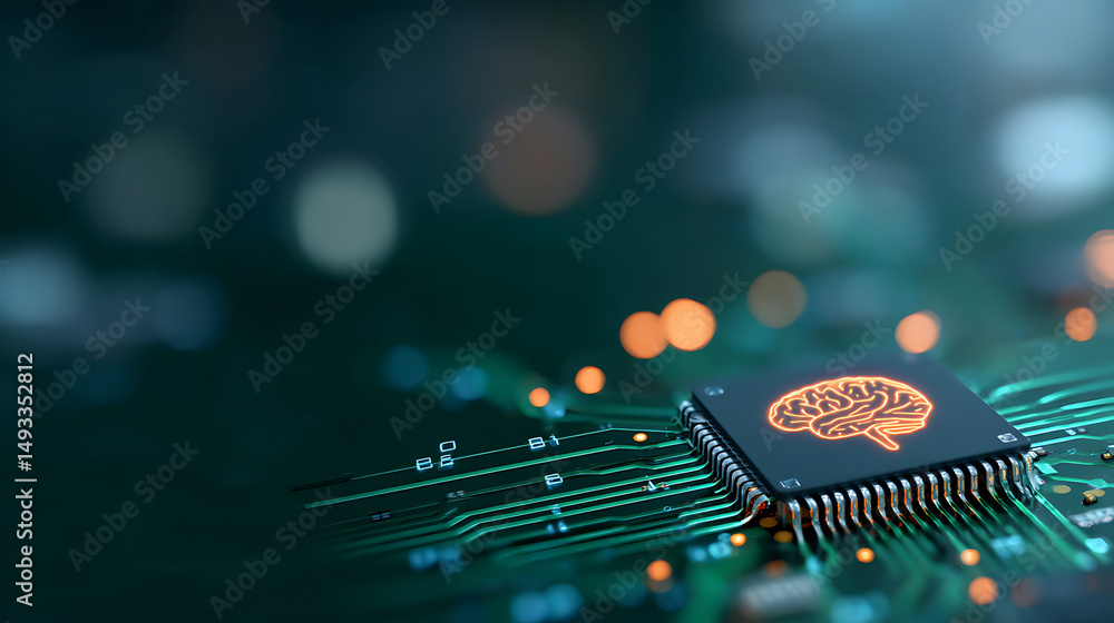 Aufkleber abstract brain and binary code circuit on green background. chip, data, ai, and future concept. 3d r