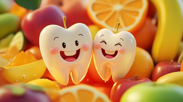 Smiling teeth surrounded by a colorful array of fruits.