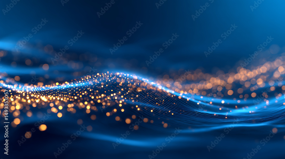 Poster dark blue abstract digital background with light particles forming a wave pattern. 3d rendering 7476