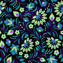 Seamless pattern of stylized flowers and leaves