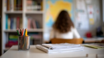 Student studying in a colorful classroom environment