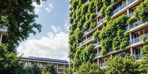 Eco-Friendly Building Design with Lush Greenery and Solar Technology