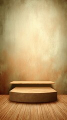 Wooden Stage and Shelf Display Against Textured Wall Studio Shot for Product Presentation and Mockup Template Background