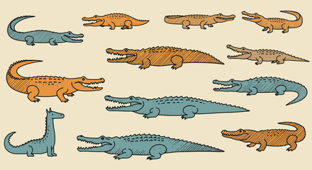 Whimsical Illustrated Crocodiles in Various Poses and Distinctive Color Palettes