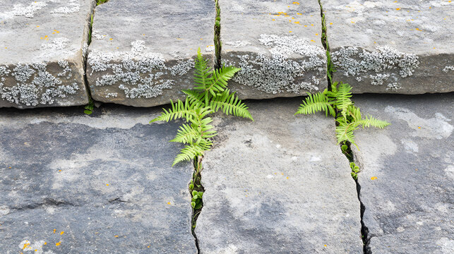 Lichen covered stone slabs with green ferns growing in cracks create natural and peaceful scene of nature reclaiming man made surfaces