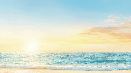 Fototapeta premium Serene Ocean Sunrise with Gentle Waves and Soft Clouds in a Clear Blue Sky Over a Sandy Beach