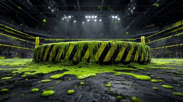 Dynamic wrestling ring banner design with caution tape pattern and green ooze accents, combining bold graphic elements, high energy, danger, and combat sport themes in an industrial visual style.