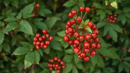 Obraz premium Vibrant red berries clustered on lush green foliage, a close-up view of nature's autumnal bounty.