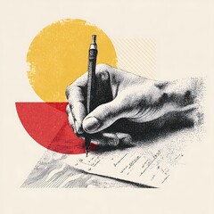 Here is a collage showing a hand writing something with pen on paper, with geometric shapes in yellow and red around it.