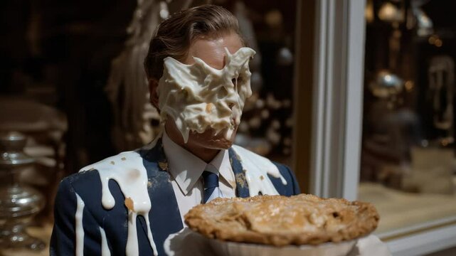 Hilarious classic pie-in-the-face prank captured in a comedic stock video illustration.