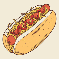 Delicious hot dog with french fries and ketchup