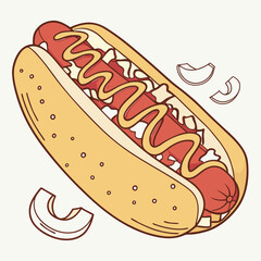 Delicious hot dog with mustard and onions classic american food