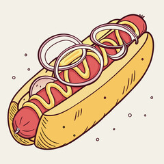 Delicious hot dog with mustard and onions cartoon illustration