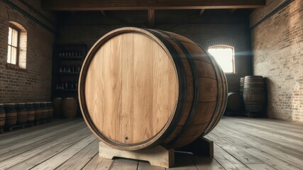 Oak Barrel in Rustic Wine Cellar Setting
