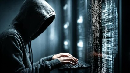 Hooded hacker typing on a laptop in front of scrolling binary code - Powered by Adobe