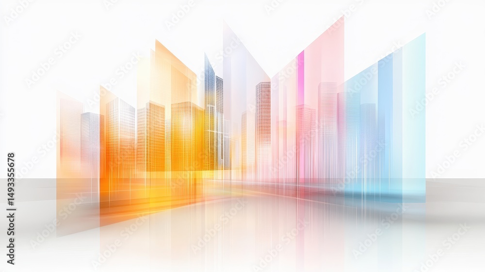 Poster abstract modern cityscape with colorful gradients and stylized building shapes on bright background