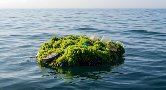 Floating debris covered in algae with plastic waste in the ocean environmental issue