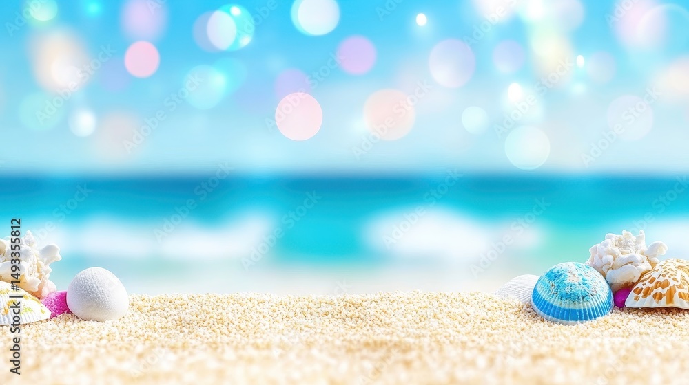 Poster tranquil beach scene with colorful shells and gentle waves under soft bokeh background