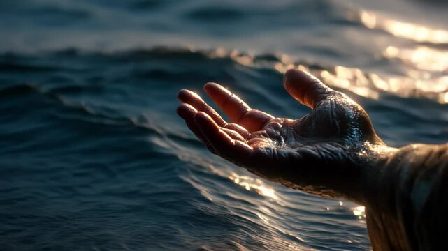 Close up of jesus outstretched hand emitting golden light over water, creating solidified waves