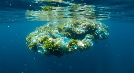 Underwater view of a cluster of marine debris and seaweed floating near the surface