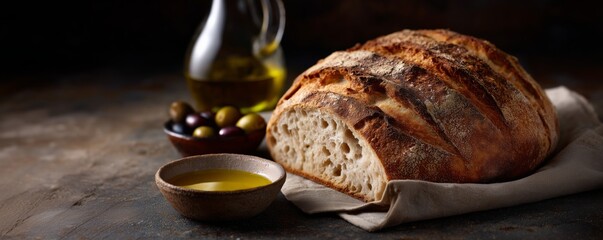 Freshly baked crusty artisanal bread with olive oil and olives on rustic background