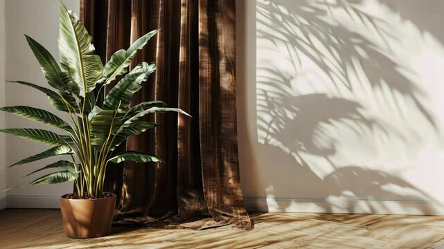 Indoor plant casting shadows on wall with velvet curtain backdrop