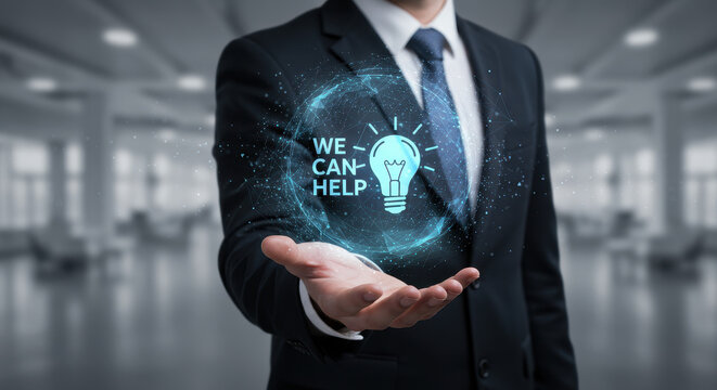 We Can Help: Business Solutions, Ideas, and Support for Success. Lightbulb innovation & tech.