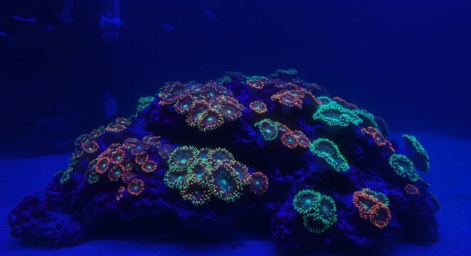 Close up of colorful zoanthids covering a rock in a dark blue underwater environment