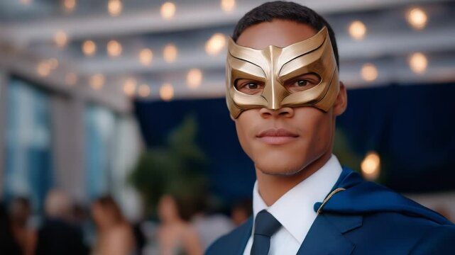 A guest in a superhero costume humorously navigates social faux pas at a formal event.