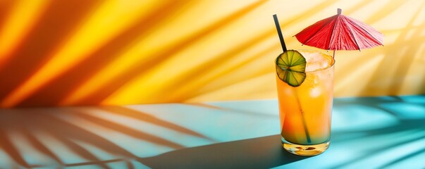 Vibrant tropical cocktail featuring a lime slice and decorative umbrella, casting colorful shadows. Perfect for summer and beach-themed designs