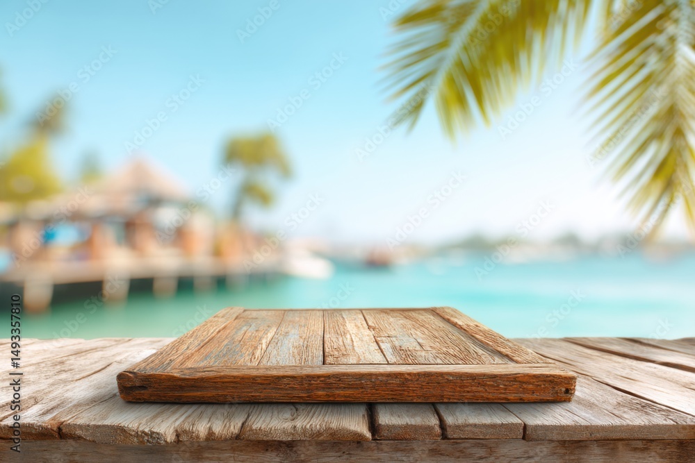 Poster rustic wooden table platform for product display with tropical island beach resort background in sum