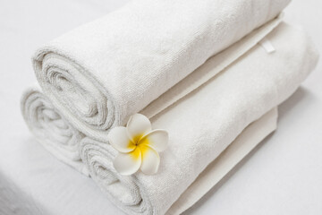 Spa composition: a rolled up towel and plumeria flower in a modern spa creating a soothing and calming atmosphere for relaxation and rejuvenation.