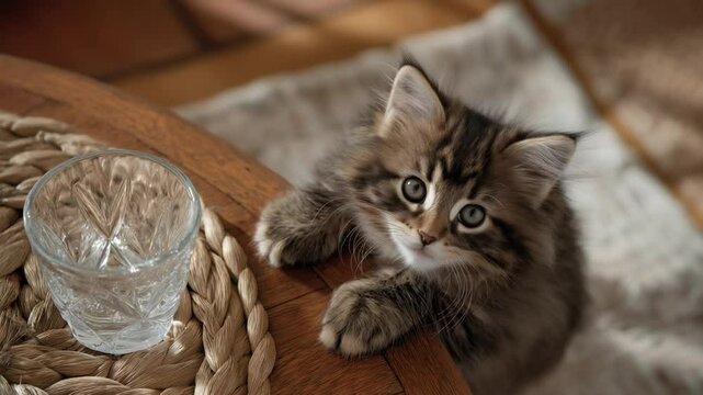 Playful kitten mischievously knocks a glass off the table during its energetic playtime.