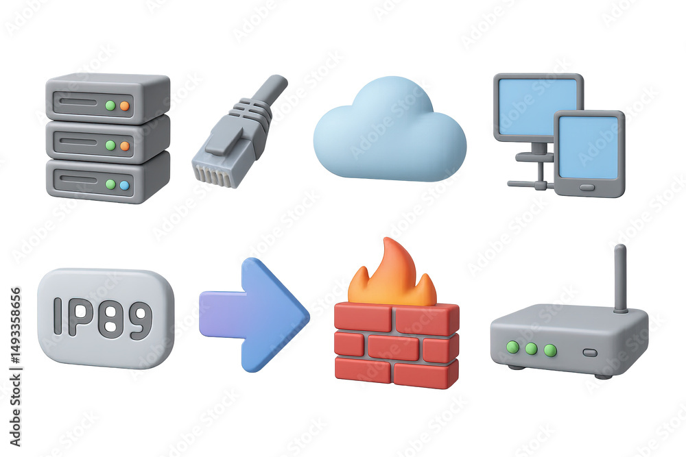 Poster networking and security 3d icons set – cloud, firewall, connection technology symbols